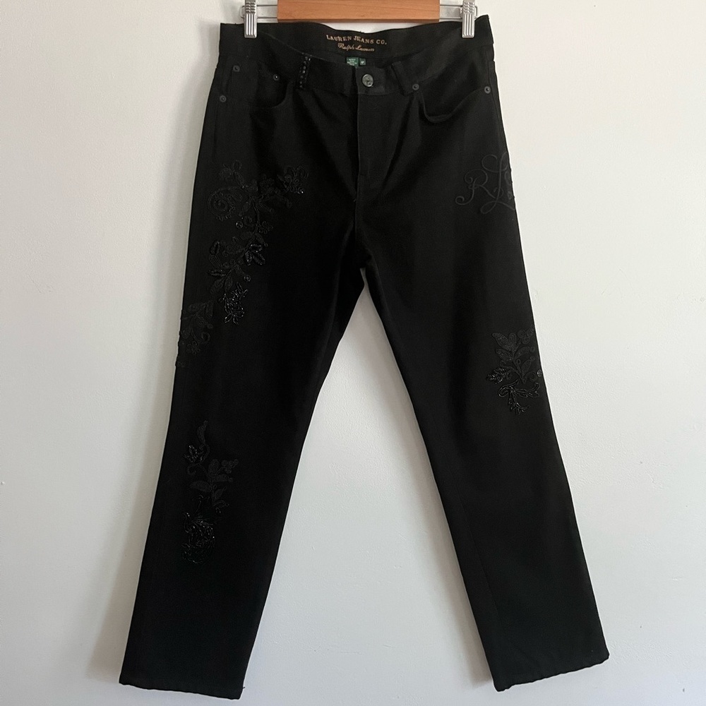 Lauren Ralph Lauren Black Embroidery Embellished High Rise Straight Leg Jeans